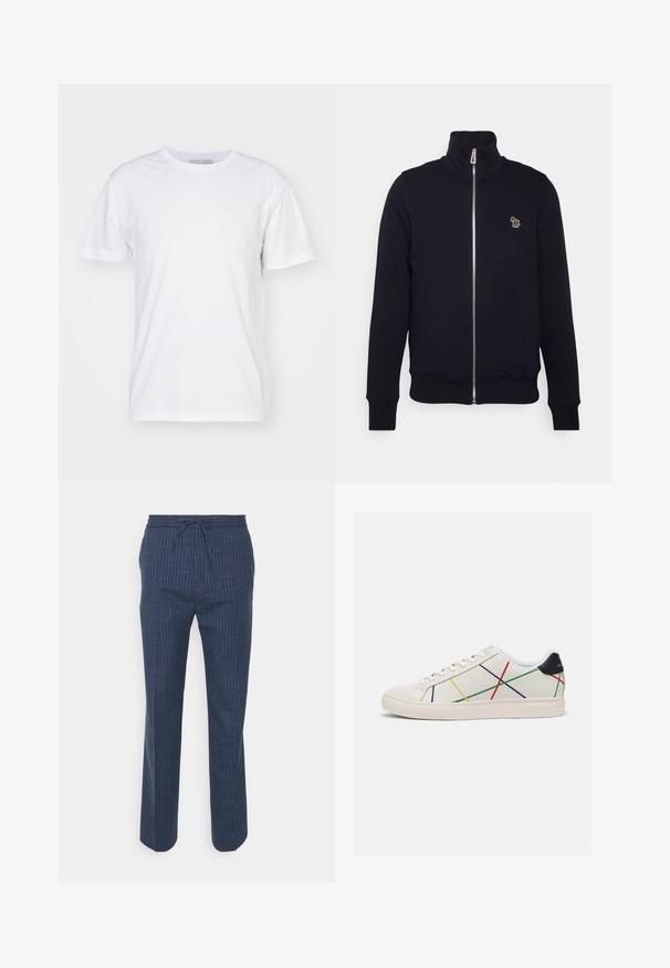 Marine blauwe zip-up sweatshirt met hoge kraag, geribbelde manchetten en tailleband. Bevat een geborduurd logo op de linkerkant van de borst. Gemaakt van zachte stof.; Witte katoenen T-shirt met een ronde hals, korte mouwen en een rechte snit. Geen patronen of versieringen, gladde textuur en eenvoudig ontwerp.; Tiger of Sweden ISCOVE - Broek - light ink; Witte leren sneakers met veelkleurige diagonale lijnen in rood, geel, groen en blauw. Zwarte accenten op de hak. Rubberen zool.