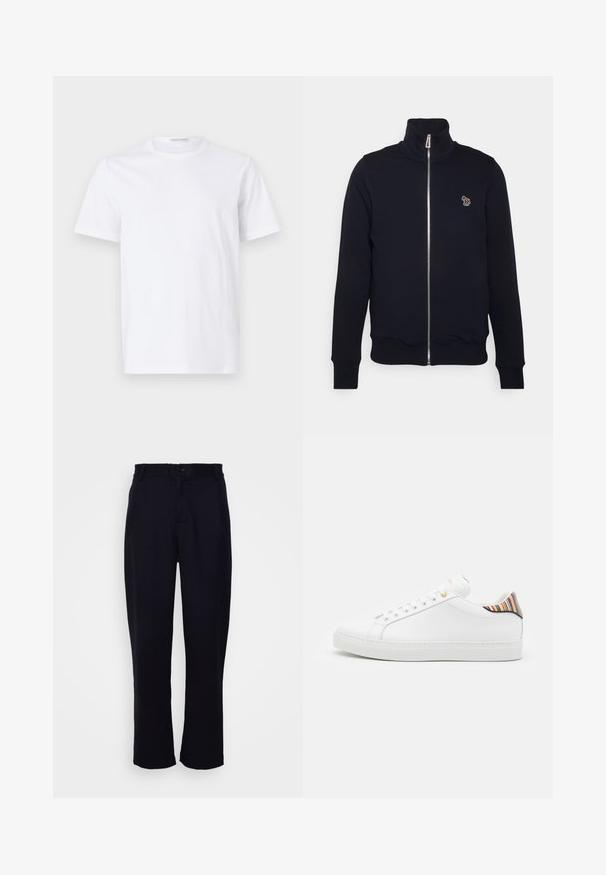 Mørkeblå zip-up sweatshirts med høj krave, ribstrikkede manchetter og talje. Har et broderet logo på venstre bryst. Lavet af blødt stof.; Hvid bomulds t-shirt med rund halsudskæring og korte ærmer. Glat tekstur, lige snit og minimalistisk design uden mønstre eller accenter.; Sorte bukser med lige ben-design, der har en tætsiddende talje, en enkelt frontknap og to forlommer. Glat tekstur.; Hvide lædersneakers med en glat overflade, prydet med en farverig stribet detalje på hælen, guldøje og flad hvid sål.