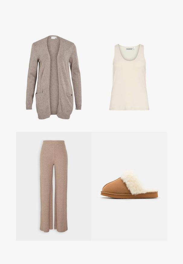 Cardigan long beige avec ouverture sur le devant, en tissu tricoté texturé, avec deux poches avant et des poignets côtelés. Aucunes fermetures ni décorations présentes.; Débardeur beige sans manches avec encolure dégagée et étiquette "ROUGE EDIT" à l'intérieur du col.; Pantalons larges en beige à côtes avec une taille haute et une texture douce, présentant une coupe loose et sans fermetures visibles.; Pantoufle en suede marron avec un manchon en fausse fourrure blanche, design à bout fermé, semelle plate et détails de couture visibles le long des bords.