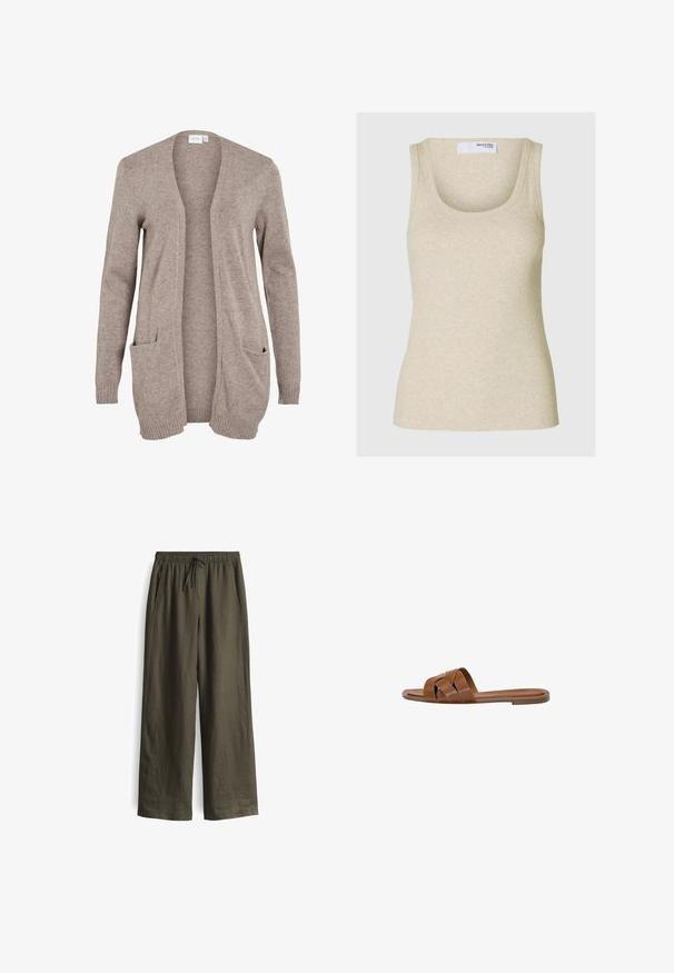Lange beige cardigan met open voorkant, textuur gebreid stof, twee voorkwam pockets en geribde manchetten. Geen sluitingen of versieringen aanwezig.; Beige geribbelde tanktop met een ronde hals en brede schouderbanden. Gemaakt van zachte stof en heeft een getailleerd silhouet.; Olijfgroene, losse broek met een elastische tailleband en trekkoord, voorzien van zijzakken en een lichtgewicht, gestructureerde stof.; Bruine leren slide sandaal met gekruiste banden, platte zool en een gladde textuur. Eenvoudig ontwerp zonder versieringen of patronen.