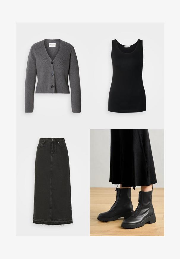 Grå ribbet cardigan med V-hals, lange ærmer og fire sorte knapper foran. Fremstillet af struktureret strikmateriale.; Sort ærmeløs tanktop, lavet af glat stof, har en klassisk rund halsudskæring og en tætsiddende design. Ingen mønstre eller detaljer.; Sort denim midi-nederdel med en tætsiddende talje, frontknaplukning og frynset kant. Har klassisk fem-lomme-design og let struktur.; Sorte læder ankelstøvler med en kraftig platformsål og en frontlynlås. Glat tekstur med et minimalistisk design.
