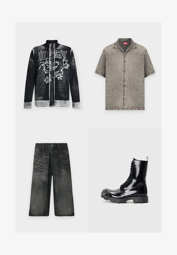 Pull zippé noir et blanc avec col montant, orné d'un motif de lion stylisé et d'un texte en lettres gothiques sur le devant.; Chemise à manches courtes, boutonnée, en denim gris délavé avec un col et une étiquette de la marque Diesel rouge à l'intérieur de l'encolure.; Shorts noirs en denim à jambes larges avec bouton sur le devant, fermeture éclair, passants pour ceinture et détails de texture délavée.; Bottines de combat en cuir verni noir avec une finition brillante, design à lacets, épaisse semelle en caoutchouc et détail de quincaillerie distinctif à l'avant.