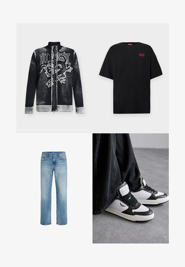 Pull zippé noir et blanc avec col montant, orné d'un motif de lion stylisé et d'un texte en lettres gothiques sur le devant.; T-shirt noir en coton, avec des manches courtes, un col rond, et un logo rouge "DIESEL" sur le côté gauche de la poitrine.; Jean en denim bleu clair avec une coupe droite. Comprend une texture délavée, un design à cinq poches et une fermeture à bouton à l'avant avec passants de ceinture.; Baskets montantes noir et blanc avec un détail de lacets texturé noir, en cuir et matière synthétique, affichant un logo sur le côté.