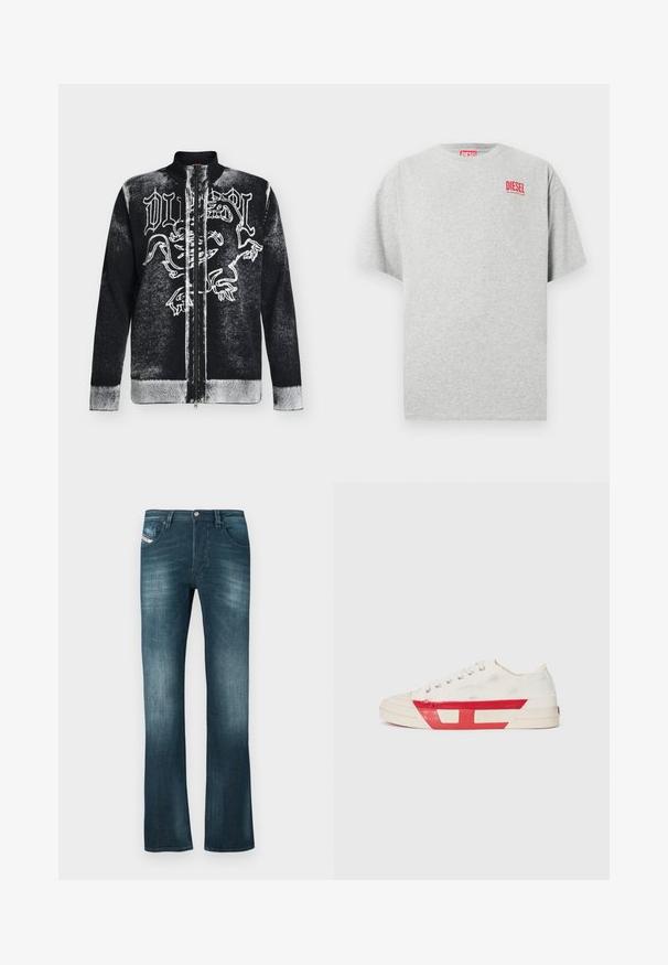 Pull zippé noir et blanc avec col montant, orné d'un motif de lion stylisé et d'un texte en lettres gothiques sur le devant.; T-shirt en coton gris avec un col rond et des manches courtes. Présente un petit logo rouge « DIESEL » sur la poitrine. Texture lisse.; Jeans en denim bleu foncé avec une légère décoloration, coupe droite, deux poches avant et une petite étiquette de marque sur la poche droite.; Baskets en toile avec un dessus blanc, des accents en caoutchouc rouge et un design texturé. Elles présentent une tête arrondie et cinq œillets pour les lacets.