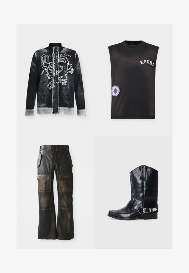 Schwarz-weißer Zip-up-Pullover mit Stehkragen, vorne mit stilisiertem Löwendesign und gotischem Schriftzug.; Schwarzes ärmelloses Shirt mit dem Text "KSUBI" auf der oberen linken Brust und einem runden blau-lila Emblem nahe der unteren linken Seite.; Schwarze Leder-Cargo-Hose mit abgenutzter Optik, großen Seitentaschen, hoher Taille und kontrastierender Naht entlang der Nähte.; Schwarze Ledersporenstiefel mit spitzem Zeh, hohem Schaft, dekorativer Stickerei und silberner Schnallenhardware am Riemen. Strukturiertes Finish.