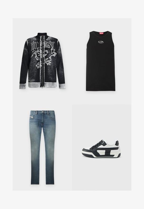 Pull zippé noir et blanc avec col montant, orné d'un motif de lion stylisé et d'un texte en lettres gothiques sur le devant.; Débardeur noir sans manches en coton. Présente un col rond et un petit logo Diesel blanc sur la poitrine. Texture lisse.; Jean slim en délavé bleu, avec une conception à cinq poches, fermeture à bouton en métal et coutures contrastées. Texture légèrement usée.; Basket basse en noir et blanc avec semelle épaisse, lacets noirs et design de panneaux contrastants sur le côté, vue de profil gauche.