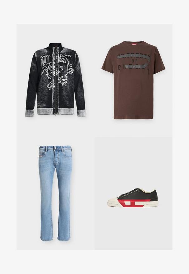 Pull zippé noir et blanc avec col montant, orné d'un motif de lion stylisé et d'un texte en lettres gothiques sur le devant.; T-shirt en coton marron avec un texte graphique noir « PROPERTY OF D » et un accent gris texturé traversant la poitrine. Manches courtes, coupe décontractée.; Jean droit en denim bleu clair avec poches avant, passants de ceinture, fermeture à boutons et coutures visibles sur un fond uni.; Baskets en toile noire avec des accents rouges, un bout en caoutchouc et une semelle blanche. Elles présentent des lacets noirs et un design texturé sur le côté.