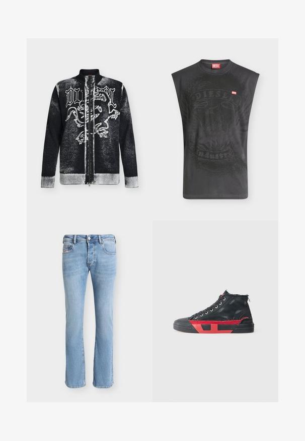 Pull zippé noir et blanc avec col montant, orné d'un motif de lion stylisé et d'un texte en lettres gothiques sur le devant.; T-shirt noir sans manches Diesel avec un graphisme subtil d'aigle et un petit patch logo Diesel rouge sur la poitrine.; Jean droit en denim bleu clair avec poches avant, passants de ceinture, fermeture à boutons et coutures visibles sur un fond uni.; Baskets montantes noires avec des accents rouges et une finition usée. Caractérisées par une tige en toile texturée et une semelle en caoutchouc avec un design découpé.