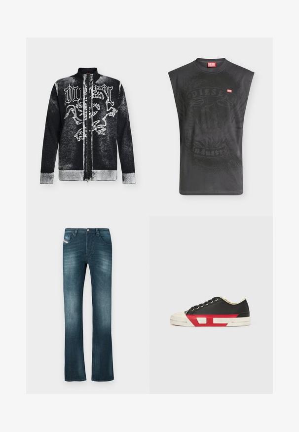 Pull zippé noir et blanc avec col montant, orné d'un motif de lion stylisé et d'un texte en lettres gothiques sur le devant.; T-shirt noir sans manches Diesel avec un graphisme subtil d'aigle et un petit patch logo Diesel rouge sur la poitrine.; Jeans en denim bleu foncé avec une légère décoloration, coupe droite, deux poches avant et une petite étiquette de marque sur la poche droite.; Baskets en toile noire avec des accents rouges, un bout en caoutchouc et une semelle blanche. Elles présentent des lacets noirs et un design texturé sur le côté.