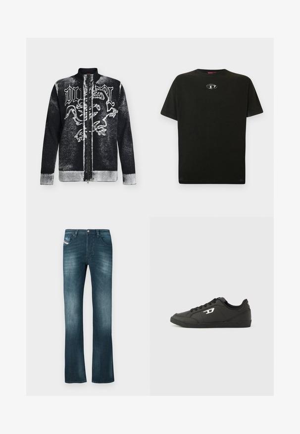 Pull zippé noir et blanc avec col montant, orné d'un motif de lion stylisé et d'un texte en lettres gothiques sur le devant.; T-shirt en coton noir à manches courtes, col rond, avec un petit logo métallique sur la poitrine. Texture lisse et coupe droite.; Jeans en denim bleu foncé avec une légère décoloration, coupe droite, deux poches avant et une petite étiquette de marque sur la poche droite.; Baskets synthétiques noires avec une semelle noire texturée, un bout rond et des lacets plats noirs. Logo blanc remarquablement placé sur le côté extérieur.