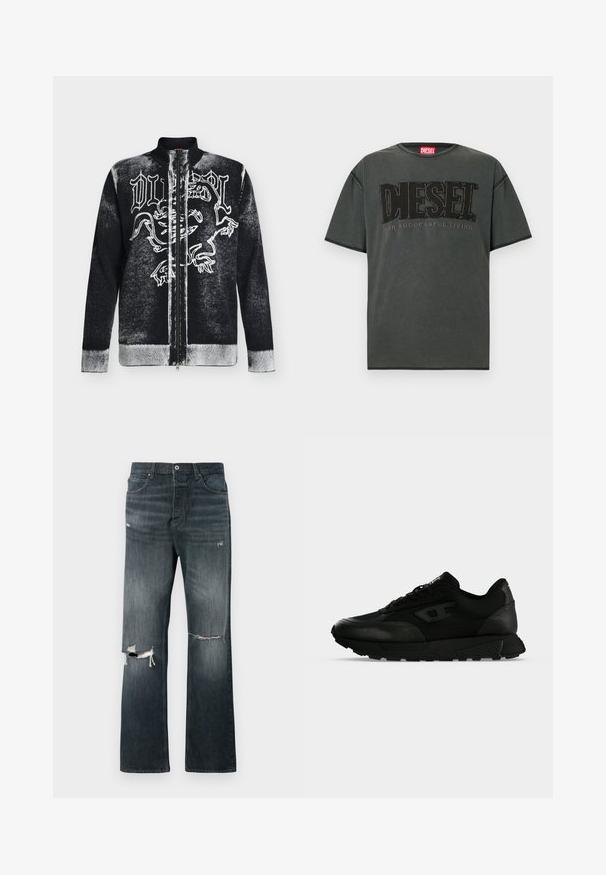 Schwarz-weißer Zip-up-Pullover mit Stehkragen, vorne mit stilisiertem Löwendesign und gotischem Schriftzug.; Dunkelgraues Kurzarm-T-Shirt aus Baumwolle. Verfügt über ein großes schwarzes DIESEL-Logo und den Schriftzug "FOR SUCCESSFUL LIVING" in kontrastierendem Design.; Dunkel gewaschene Denim-Jeans mit lockerer Passform, die zwei aufgerissene Kniebereiche, einen standardmäßigen Knopfverschluss und ein Fünf-Taschen-Design aufweisen.; Schwarzer Low-Top-Sneaker mit strukturiertem Leder und Stoffpaneelen, Schnürverschluss und dicker Gummisohle auf einfachem hellem Hintergrund.