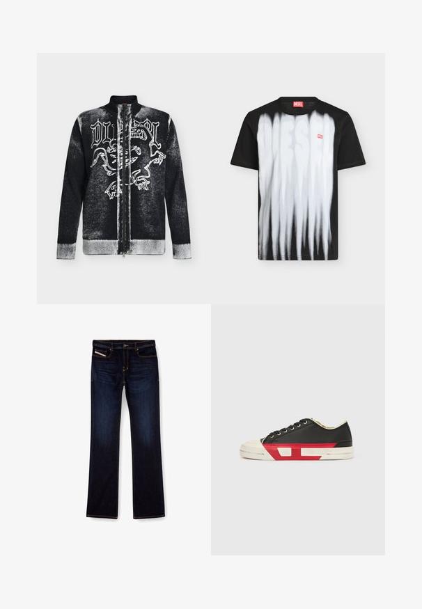 Jersey con cremallera en blanco y negro con cuello alto, con un diseño estilizado de león y texto en letras góticas en la parte delantera.; Camiseta negra de manga corta Diesel con rayas verticales blancas y un gran logo difuminado de Diesel en la parte delantera, además de una pequeña etiqueta roja de Diesel en el pecho.; Jeans de mezclilla de color azul oscuro con corte recto, con costuras naranjas, cremallera en la bragueta y bolsillos delanteros. Textura suave y cinturilla estándar.; Zapatilla deportiva de lona negra con detalles en rojo, puntera de goma y suela blanca. Cuenta con cordones negros y un diseño texturizado en el lateral.