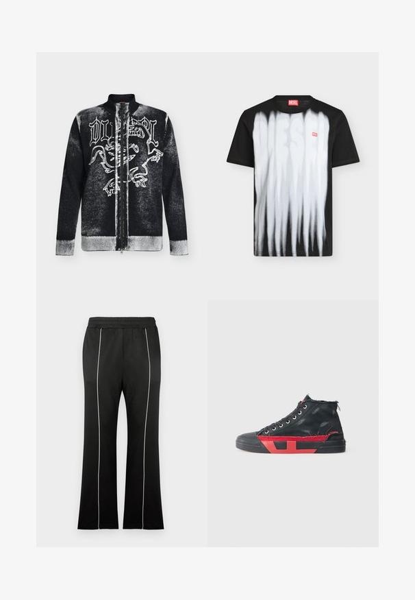 Pull zippé noir et blanc avec col montant, orné d'un motif de lion stylisé et d'un texte en lettres gothiques sur le devant.; T-shirt Diesel noir à manches courtes avec des rayures blanches verticales et un grand logo Diesel flou sur le devant, plus une petite étiquette rouge Diesel sur la poitrine.; Pantalon de sport noir avec une taille cintrée, doté de bandes blanches sur les côtés et d'une coupe évasée aux jambes. Fabriqué en tissu doux et extensible.; Baskets montantes noires avec des accents rouges et une finition usée. Caractérisées par une tige en toile texturée et une semelle en caoutchouc avec un design découpé.