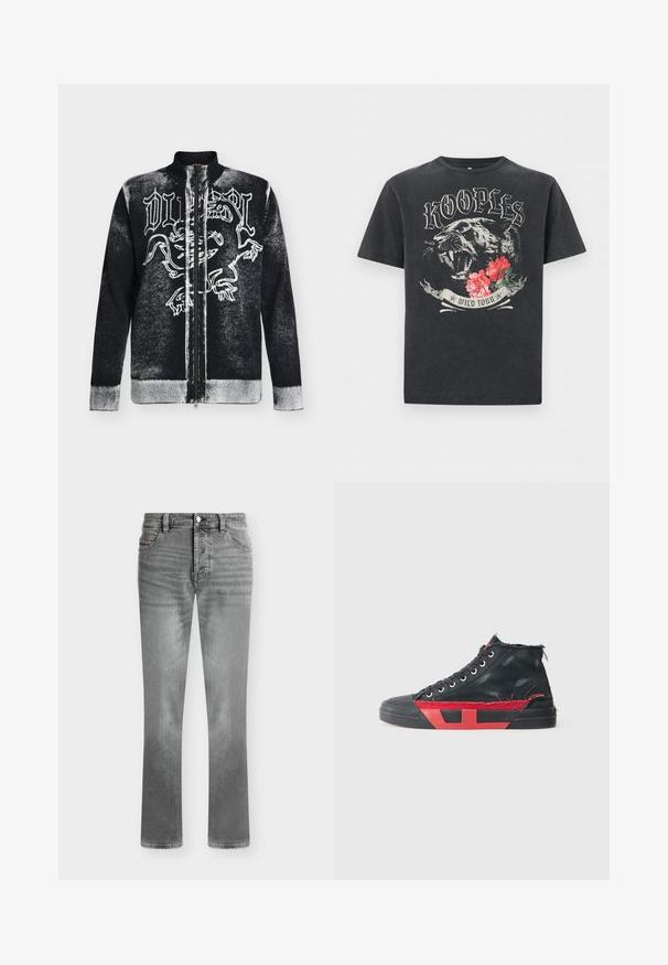Pull zippé noir et blanc avec col montant, orné d'un motif de lion stylisé et d'un texte en lettres gothiques sur le devant.; T-shirt noir avec une panthère rugissante, des fleurs rouges et le texte stylisé « KOOPLES » au-dessus et « WILD TOUR » en dessous du graphisme.; Jean gris à coupe droite, fermeture par bouton et zip, poches avant et arrière, avec des détails subtilement délavés.; Baskets montantes noires avec des accents rouges et une finition usée. Caractérisées par une tige en toile texturée et une semelle en caoutchouc avec un design découpé.