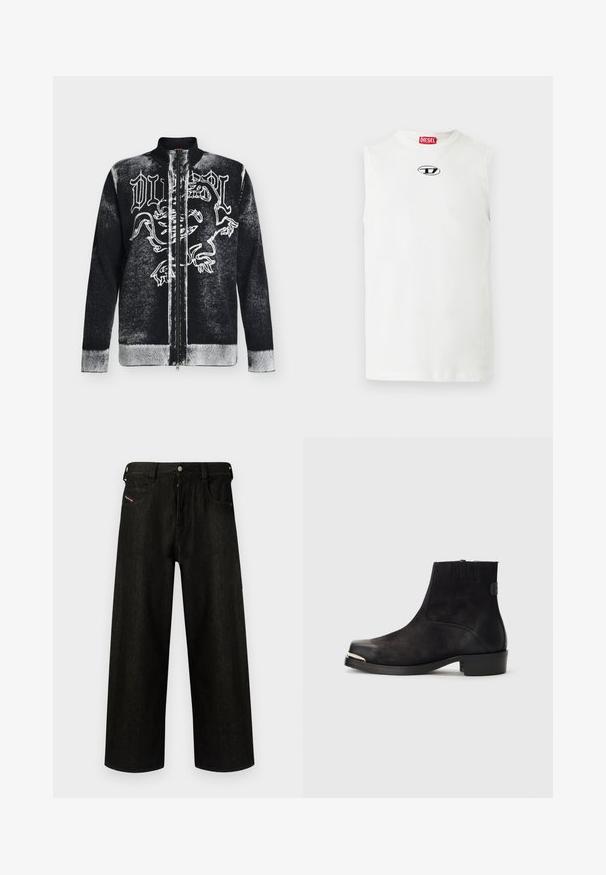 Pull zippé noir et blanc avec col montant, orné d'un motif de lion stylisé et d'un texte en lettres gothiques sur le devant.; T-shirt blanc sans manches en coton, avec un col rond et un logo brodé en noir et bleu sur la poitrine.; Jean noir à jambes larges en denim, présentant une fermeture éclair, cinq poches et un branding discret sur la poche avant. Tissu durable et texturé.; Bottine noire en matériaux en daim et cuir, à bout rond, petit talon, accent métallique argenté sur le bout et panneaux latéraux élastiques.
