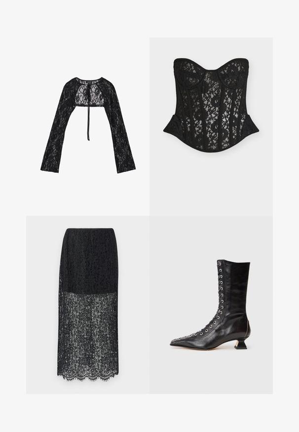 Even&Odd by Zalando Gilet - black; Corset en dentelle noire avec un design structuré, doté d’armatures, d’un décolleté en cœur et d’un motif floral subtil. Texture lisse avec une silhouette ajustée.; Jupe en dentelle noire à motif floral, partie inférieure semi-transparente, ourlet festonné et taille élastique.; Bottine noire en cuir avec un bout pointu, laçage à l'avant, œillets en métal, petit talon block et un design épuré. Texture lisse, silhouette moderne.