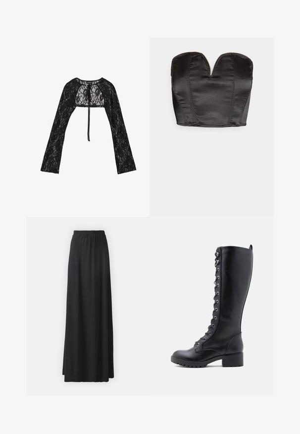 Even&Odd by Zalando Kardigan - black; Vero Moda VMSALLY CROPPED SIMILI CORSAGE - Topp - black; Must have mustikasärk, mis on valmistatud pehmest, venivast kangast ja millel on elastne vöökoht, omab voolavat A-layne siluetti.; Mustad mustelook nahkkingad, millel on ümar varvas, nööbid ees, metallist sõlmed ja paks konts. Tekstuuriga viimistlus sujuva välimusega.