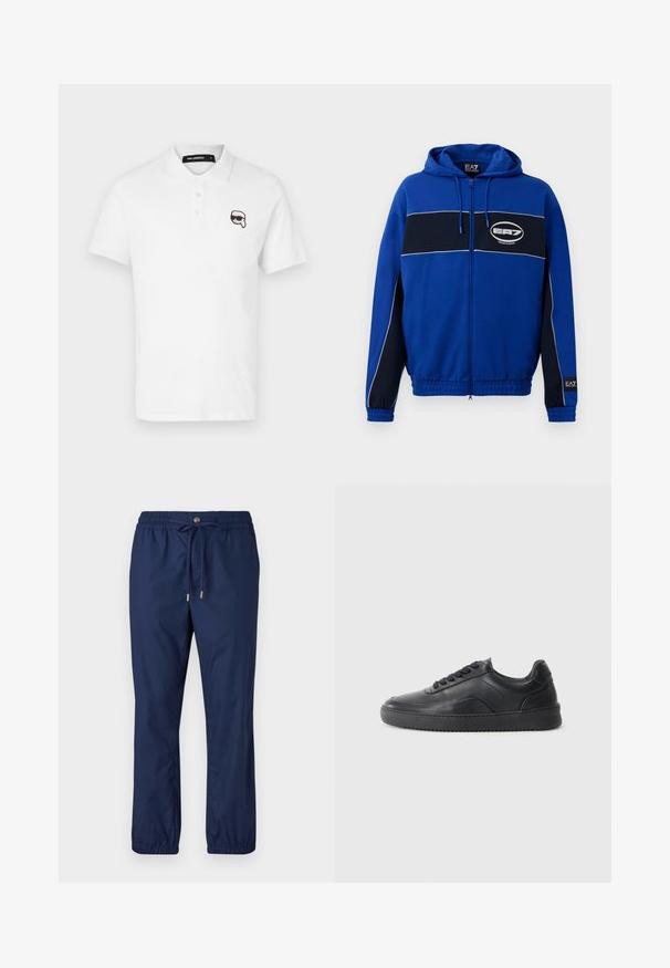 Blauwe ritshoodie met een zwarte horizontale streep en een wit logo, elastische manchetten en een capuchon met koord. Zacht materiaal met een casual ontwerp.; Witte polo met korte mouwen, drie knopen bij de hals, en een zwart geborduurd cartoonlogo op de linkerborst.; Diepblauwe lichtgewicht broek met een elastische tailleband, trekkoord en omgeslagen zoom. Gemaakt van een gladde stof, met een eenvoudig ontwerp.; Zwarte leren sneaker met een gladde afwerking, ronde neus, textuurpaneel aan de zijkant en zwarte veters. Voorzien van een platte rubberen zool en een minimalistisch ontwerp.