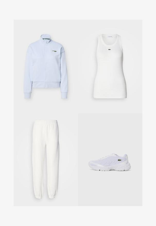 Hellblauer Reißverschlussjacke mit hohem Kragen und langen Ärmeln, mit einem kleinen grünen Lacoste-Logo auf der linken Brust.; Weißes ärmelloses Tanktop mit rundem Halsausschnitt und geripptem Material. Auf der Brust befindet sich ein kleines grünes Lacoste-Krokodil-Logo.; Weiße Sweatpants aus weichem, gestricktem Stoff. Der elastische Bund und die Bündchen sorgen für eine bequeme Passform. Minimalistisches Design, ohne sichtbare Muster oder Akzente.; Weiße Sportschuhe mit Netzobermaterial, strukturiertem Design und gepolstertem Kragen. Merkmale sind ein grünes Logo an der Seite und eine gepolsterte Sohle für Komfort.