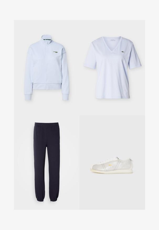 Veste zippée bleu clair avec col montant et manches longues, arborant un petit logo Lacoste vert sur la poitrine gauche.; Chemise bleu clair à col en V et manches courtes avec un petit logo crocodile vert sur le côté gauche de la poitrine, présentée sur un fond uni.; Pantalons de survêtement navy avec une taille élastique et des ourlets resserrés. Fabriqués à partir d'un tissu doux avec une texture lisse, sans motifs ni embellissements visibles.; Sneaker en cuir blanc avec semelle beige, lacets blancs et un petit logo crocodile jaune sur le côté.