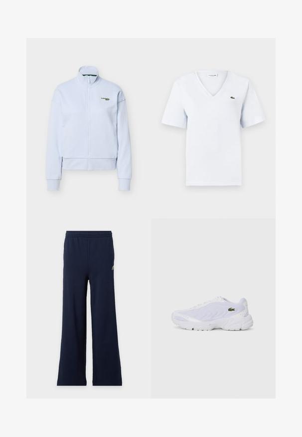 Hellblauer Reißverschlussjacke mit hohem Kragen und langen Ärmeln, mit einem kleinen grünen Lacoste-Logo auf der linken Brust.; Helles blaues Baumwoll-T-Shirt mit kurzen Ärmeln, V-Ausschnitt und einem kleinen grünen Lacoste-Krokodil-Logo auf der linken Brust. Weiche Textur.; Marineblaue Hose mit weitem Bein, elastischem Bund und kleinem Logo oben links vor hellem Hintergrund.; Weiße Sportschuhe mit Netzobermaterial, strukturiertem Design und gepolstertem Kragen. Merkmale sind ein grünes Logo an der Seite und eine gepolsterte Sohle für Komfort.