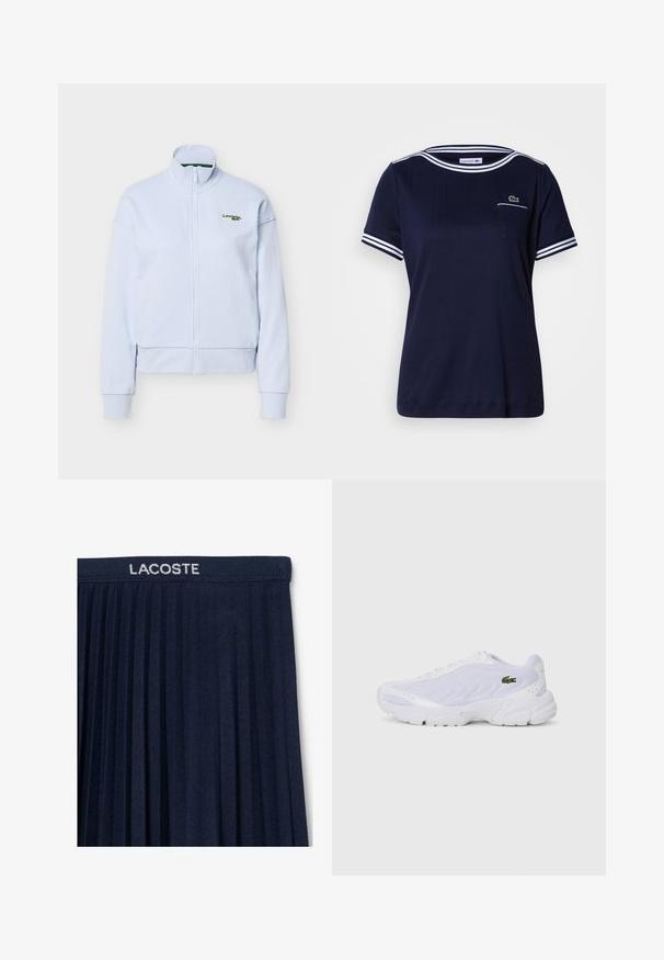 Lichtblauw jack met ritssluiting, een hoge kraag en lange mouwen, met een klein groen Lacoste-logo op de linkerborst.; Marineblauw T-shirt met geribbelde textuur, witte gestreepte accenten op de kraag en mouwen, en een klein groen Lacoste-logo op de zak.; Marineblauwe geplisseerde rok met een elastische tailleband en witte "LACOSTE"-logo. Zachte stofstructuur met verticale plooien voor beweging.; Witte sportschoenen met bovenwerk van mesh, textuurdesign en gevoerd kraagje. Beschikt over een groen logo aan de zijkant en een gevoerde zool voor comfort.