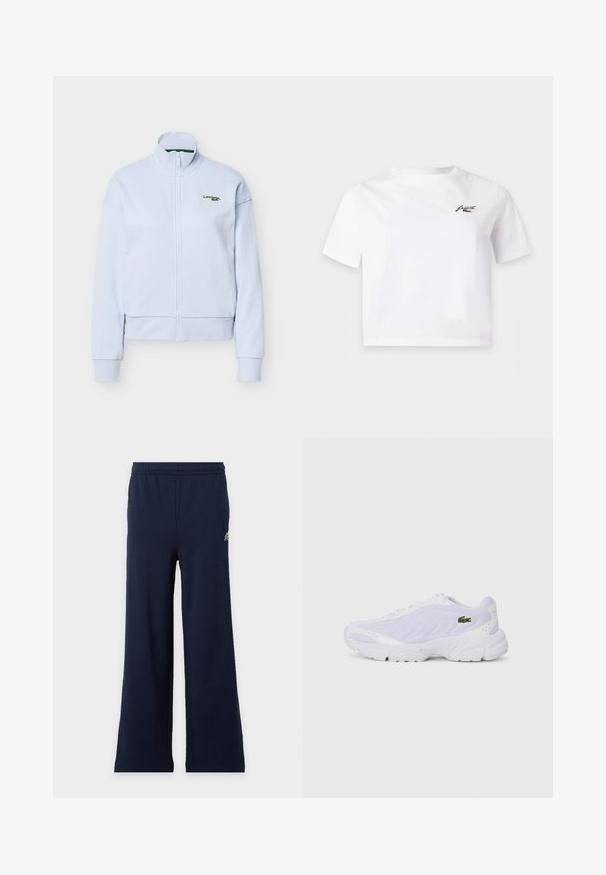 Svetlomodrá bunda na zips s vysokým golierom a dlhými rukávmi, s malým zeleným logom Lacoste na ľavej strane hrudníka.; Biele krátke tričko s krátkym rukávom a malým čiernym logom na ľavej strane hrudníka.; Tmavomodré nohavice širokého strihu s elastickým pásom a malým logom v ľavej hornej časti na svetlom pozadí.; Biele športové topánky s priedušným zvrškom, textúrovaným dizajnom a polstrovaným golierom. Obsahuje zelené logo na boku a vyvýšenú podrážku pre pohodlie.