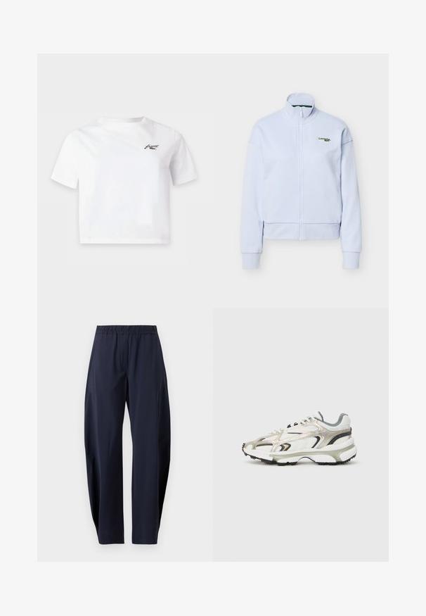 Veste zippée bleu clair avec col montant et manches longues, arborant un petit logo Lacoste vert sur la poitrine gauche.; T-shirt blanc court à manches courtes avec un petit logo noir sur la poitrine gauche.; Pantalon bleu marine droit avec taille élastique et poches latérales, présenté sur fond blanc.; Baskets volumineuses en blanc, gris et argent métallique avec des panneaux texturés. Comprend une épaisse semelle en caoutchouc noir et un design d'overlay distinctif.