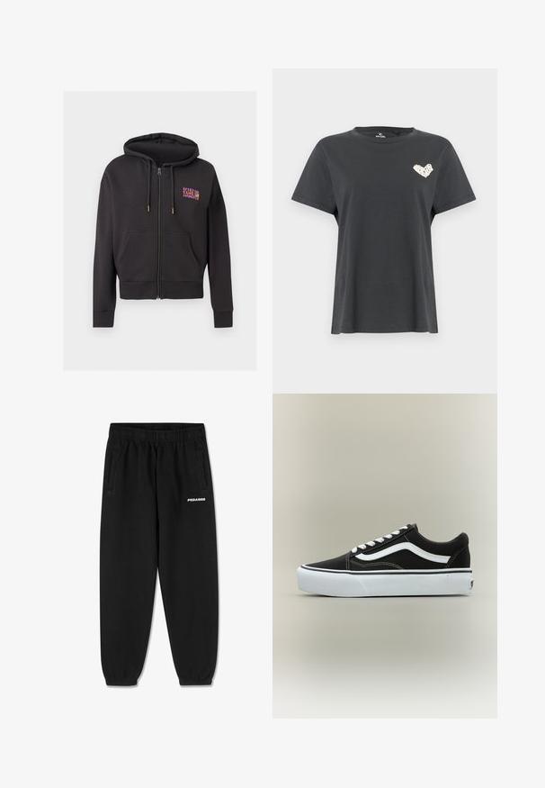 Zwarte zip-up hoodie met voorzakken, capuchon met trekkoord en klein kleurrijk "Rip Curl Hawaii" logo op de linker bovenkant van de borst.; Zwart T-shirt met korte mouwen en ronde hals, met een klein wit hartvormig ontwerp op de linkerborst.; Zwarte sweatpants van zacht materiaal, met een verstelbare tailleband, taps toelopende benen en zijzakken. "PEGADOR" logo in het wit op de voorkant.; Lage zwarte sneaker met witte zijstreep, witte veters, witte rubberen zool en gestructureerde neus op een neutrale achtergrond.