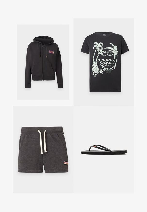 Sudadera negra con cremallera, bolsillos delanteros, capucha con cordón y pequeño logo colorido "Rip Curl Hawaii" en la parte superior izquierda del pecho.; Camiseta negra con gráfico blanco de palmeras, olas, un pájaro, una tabla de surf y el texto "Rip Curl Quality Surf Products" en el frente.; Pantalones cortos de punto gris oscuro con cordón blanco, cintura elástica, bolsillos laterales y un pequeño parche con el logo de Rip Curl en la parte inferior derecha.; Chanclas negras con suela plana, que presentan correas delgadas y una plantilla texturizada. Pequeño logo en la correa. Diseño simple y minimalista.
