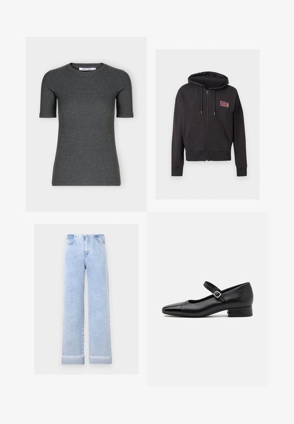 Sweat à capuche noir zippé avec poches avant, capuche à cordon et petit logo coloré "Rip Curl Hawaii" sur le haut gauche de la poitrine.; T-shirt tricoté gris foncé à manches courtes, col rond, coupe ajustée et design uni présenté sur fond blanc.; Jean large bleu clair avec revers roulés et poches avant, présenté sur un fond gris clair uni.; Chaussures Mary Jane en cuir noir avec un embout en vernis, une sangle cheville réglable et un petit talon carré. Texture lisse et design élégant.