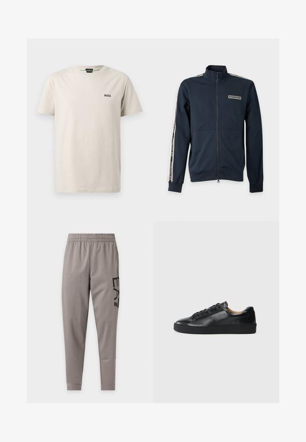Veste bleu marine zippée intégralement avec col montant, manches longues et bande beige avec inscription EA7 Emporio Armani sur les manches et la poitrine.; T-shirt en coton beige clair avec col rond, manches courtes et un petit logo noir "BOSS" sur la poitrine gauche. Texture lisse.; Pantalon de survêtement gris clair fuselé avec ceinture élastique et texte noir "E A7" imprimé verticalement sur la cuisse droite.; Baskets en cuir noir avec une texture lisse, bout rond et fermeture à lacets. Comprend une semelle en caoutchouc épaisse et un minimum de détails de marque.