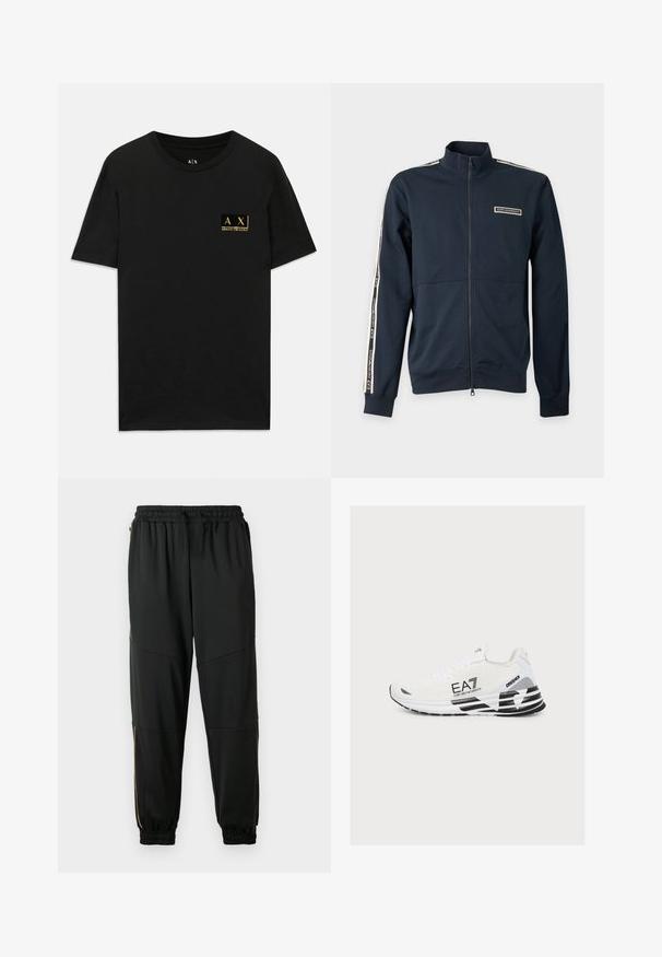 Chaqueta azul marino con cremallera completa, cuello alto, mangas largas y una franja beige con la marca EA7 Emporio Armani en las mangas y el pecho.; Camisa de algodón negra con cuello redondo. Presenta un pequeño parche de logo dorado en el lado izquierdo del pecho con el texto "AX Armani Exchange". Corte clásico.; Pantalones deportivos negros de tela elástica, con una cinturilla elástica, bolsillos laterales con cremallera y dobladillos ajustados con acentos dorados en contraste.; Zapatilla de running blanca EA7 Emporio Armani con detalles negros, cordones y texto "CRUSHER" en la suela lateral.