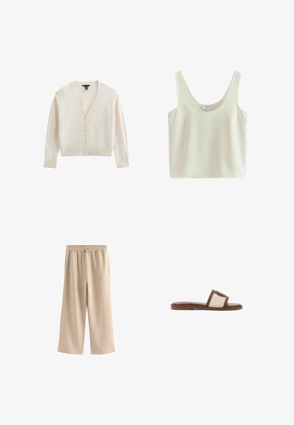 Cremefarvet cardigan lavet af blødt strikket stof. Har en V-hals, lange ærmer og frontknapper. Ribbet manchetter og kant.; Ærmeløs, cremefarvet cropped tanktop med brede stropper og scoop-halsudskæring, lavet af glat stof.; Cremefarvede breddebenede bukser lavet af blødt bomuldsblandingsstof. Har en elastisk talje med snor og en subtil plettet tekstur.; Brune læderslidesandal med en beige vævet overdel, flad sål og rund tå. Designet inkluderer en logoakcent på remmen.