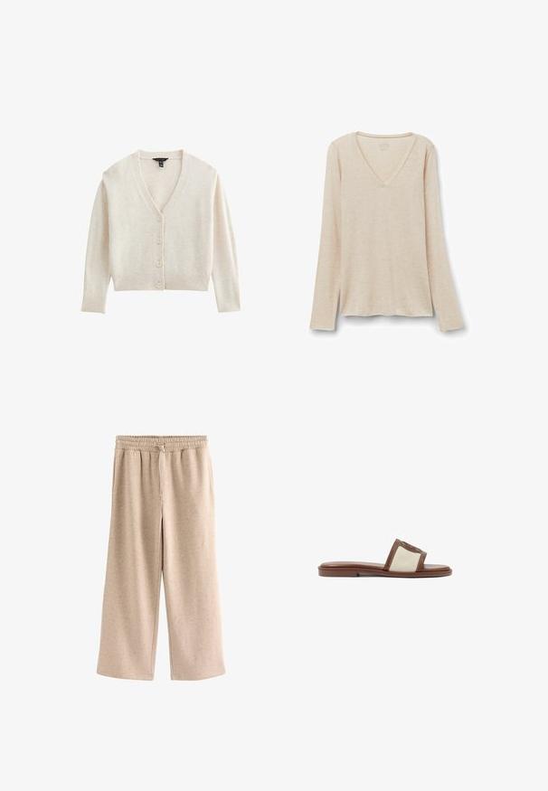 Cárdigan color crema hecho de suave tela de punto. Presenta un escote en V, mangas largas y botones en la parte delantera. Puños y dobladillo acanalados.; Camiseta de manga larga con escote en V en tejido beige claro con una textura suave. Corte relajado con dobladillo recto y diseño minimalista.; Pantalones beige de pierna ancha con cintura elástica y cordón, hechos de una tela suave y moteada.; Sandalia deslizante de cuero marrón con una parte superior de tejido beige, suela plana y punta redondeada. El diseño incluye un acento con el logo en la correa.