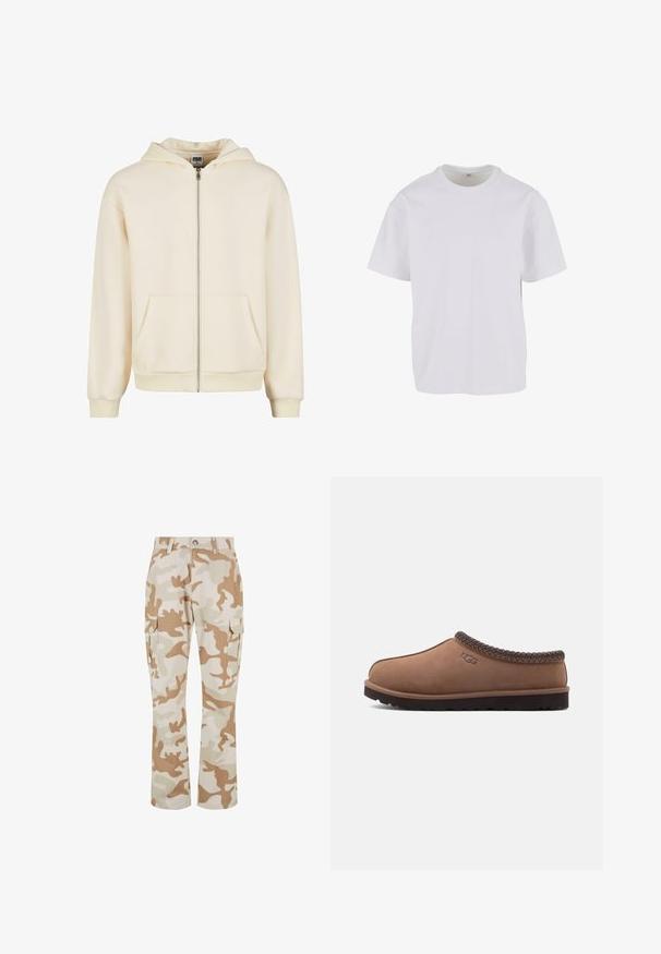 Haut à zip crème en tissu doux, doté d'une capuche doublée, de poches avant et de poignets et ourlet côtelés pour un ajustement parfait.; T-shirt blanc à manches courtes en coton doux, avec un col rond et une coupe décontractée à ourlet droit. Aucun motif ni accent visible.; Pantalons cargo beige en camouflage avec poches latérales, fabriqués en tissu à la texture lisse, présentant une coupe droite et une fermeture à bouton.; Chaussure à enfiler en daim marron avec une garniture tissée sur le dessus, un bout rond et une semelle en caoutchouc texturée de couleur foncée. Logo embossé sur le côté.
