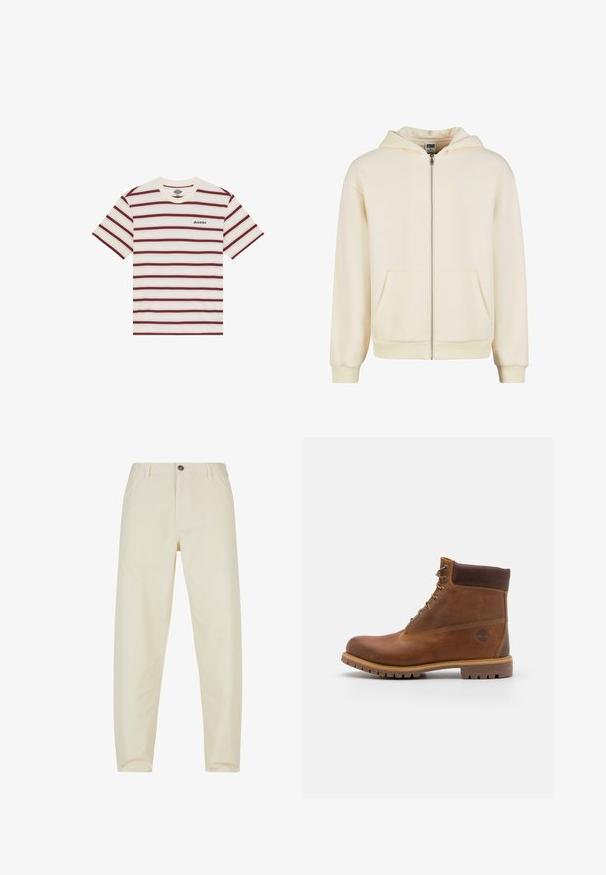 Creme zip-hoodie lavet af blødt stof, med foret hætte, forlommer og ribbede manchetter og kant for en tæt pasform.; Kortærmet T-shirt med vandrette maroon- og cremefarvede striber, med "Dickies" logo broderet på venstre bryst.; Flødefarvede bukser lavet af bomuld med lige ben-design. Har en frontknaplukning og sidelommer. Glat tekstur.; Brun læder vandrestøvle med en glat finish, polstret ankel, metalliske snørehuller og en gummisål med et robust dækmønster.