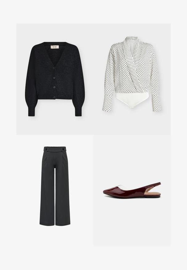 Sort blød strikket cropped cardigan med V-hals, lange puffede ærmer og fire knapper foran, vist på hvid baggrund.; Hvid bodystocking med lange ærmer og omslagsdesign med sort polkaprikket mønster, blødt stof og en glat hvid bundsektion.; Sorte bukser med vide ben, høj talje og knapdetaljer på taljen, frontsøm og lige kant.; Burgunderfarvede patent slingback flade sko med spids tå, gennemsigtig udskæring og en flad sort sål. Glat tekstur, minimalistisk design.
