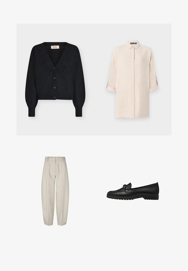 Cárdigan negro de punto suave y cropped con escote en V, mangas largas abullonadas y cuatro botones delanteros, mostrado sobre fondo blanco.; Camisa de color beige claro, con cuello, mangas remangadas y una textura suave. Presenta un corte recto y cierre frontal de botones.; Pantalones beige plisados con cintura alta y pierna estrecha. Hechos de un tejido suave y ligero, con bolsillos laterales y una cinturilla sencilla.; Mocasines de cuero negro con un acento trenzado en la parte delantera, suela de goma plana y detalles de costura a lo largo del borde.
