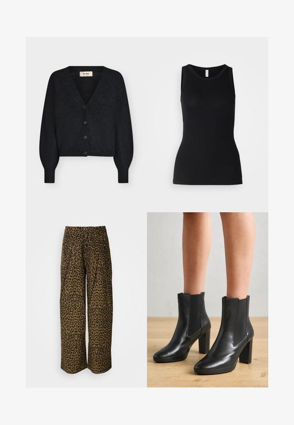 Sort blød strikket cropped cardigan med V-hals, lange puffede ærmer og fire knapper foran, vist på hvid baggrund.; Sort ærmeløs tanktop lavet af ribbet stof, med rund halsudskæring og tætsiddende design, med en glat overflade og uden mønstre.; Bredde bukser i et brun- og sort leopardprint. Har en høj talje og plisseret design. Blødt stof med en glat tekstur.; Sorte læderankelstøvler med blokhæle, udstyret med elastiske sidelapper, glat overflade og en slank silhuet.