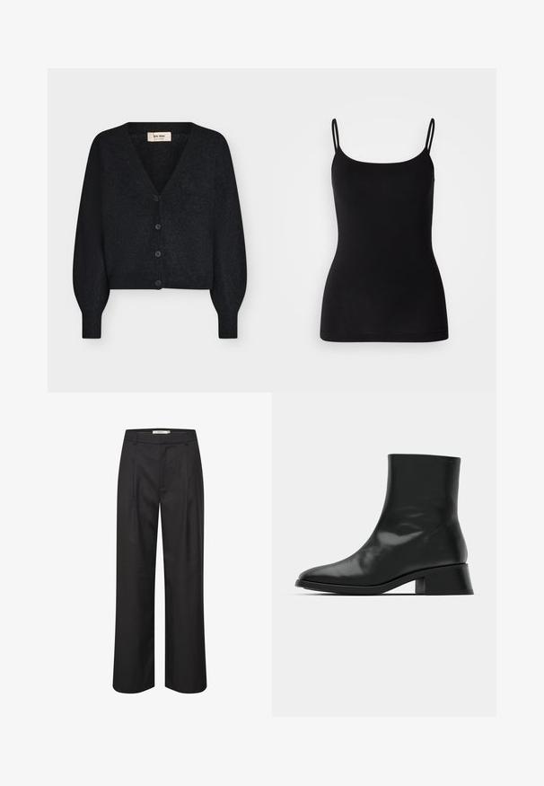 Cárdigan negro de punto suave y cropped con escote en V, mangas largas abullonadas y cuatro botones delanteros, mostrado sobre fondo blanco.; Camiseta de tirantes finos en color negro, fabricada en un tejido elástico y suave, con una silueta ajustada. Sin estampados ni adornos.; Pantalones de pierna ancha negros con una textura suave, delantero con plisados, lazos para cinturón y un diseño ajustado. El material ofrece una apariencia pulida.; Botín negro de tobillo hecho de cuero brillante, con un diseño elegante, punta afilada y un tacón bloque moderado para mayor estabilidad.