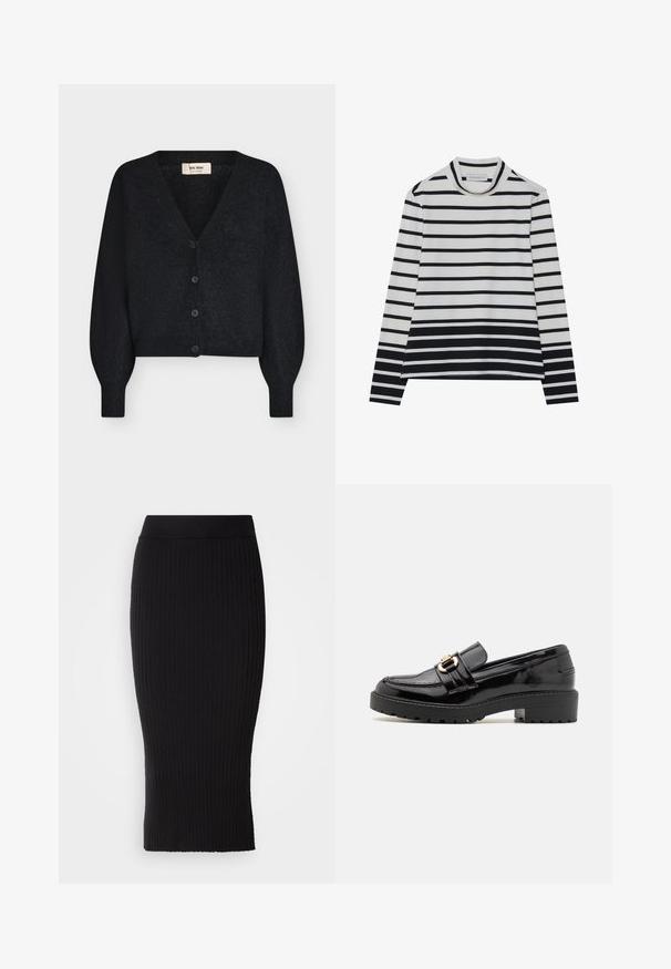 Sort blød strikket cropped cardigan med V-hals, lange puffede ærmer og fire knapper foran, vist på hvid baggrund.; Langærmet bluse lavet af bomuld, med vandrette sorte og hvide striber, en høj mock neck og en afslappet pasform med sidesplits.; Sort ribstrikket blyantskirt med elastisk taljebånd, der har en kropsnær silhuet og lodrette ribdetaljer over det hele.; Sorte lakerede loafers med en lav blokhæl, der har en fremtrædende gullignende spænde og en struktureret, rillede sål.