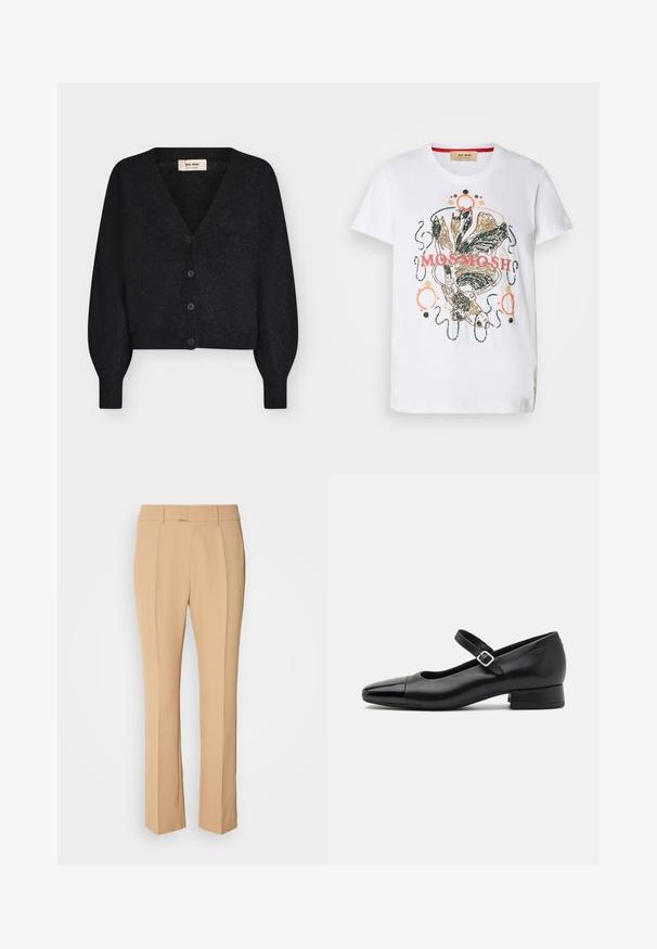 Cárdigan negro de punto suave y cropped con escote en V, mangas largas abullonadas y cuatro botones delanteros, mostrado sobre fondo blanco.; Camiseta de algodón blanca con un diseño gráfico colorido que presenta peces y espirales decorativas, acentuada con detalles en rosa y dorado.; Pantalones tailored beige con pierna recta, que cuentan con dos pliegues frontales, un diseño de frente plano y una tela suave y ligera.; Zapatos Mary Jane de cuero negro con puntera de charol, correa de tobillo ajustable y tacón bajo. Textura suave y diseño elegante.