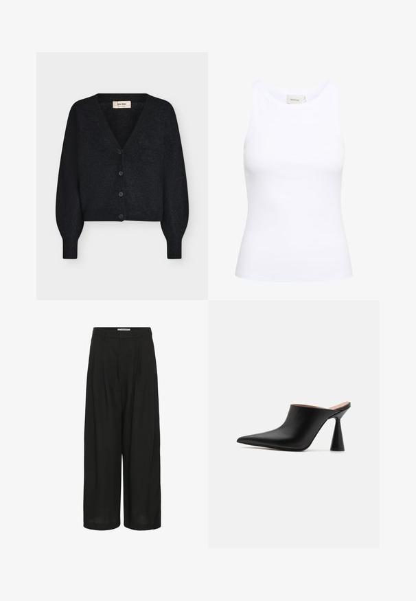 Cardigan court en maille douce noire avec col en V, manches longues bouffantes et quatre boutons sur le devant, présenté sur fond blanc.; Débardeur blanc côtelé avec un col rond et sans manches. Tissu extensible et design ajusté. Étiquette au dos indiquant "GESTUZ."; Pantalon noir à jambes larges avec plis à l'avant, taille avec passants pour ceinture et détail de bouton latéral à la taille.; Mules en cuir noir avec un bout pointu et un talon conique unique. Texture lisse et design minimaliste, à dos ouvert pour un enfilage facile.