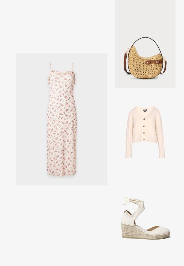 Cremfarbener Zopfmuster-Cardigan mit V-Ausschnitt, vier Holzknöpfen an der Vorderseite sowie gerippten Bündchen und Saum. Kurz geschnittenes Design.; Midikleid in Creme mit kleinem pinkfarbenem Blumenmuster, dünnen verstellbaren Schulterträgern und Rüschen-Details entlang des Halsausschnitts.; Weiße Keilabsatzschuhe aus Leinwand mit Knöchelband, Jutewickelabsatz, runder Zehenpartie und Obermaterial aus strukturiertem Stoff. Der Keil hat eine Höhe von etwa 7 cm.; Geflochtene Strohtasche in Form eines Hobos mit einer geschwungenen Silhouette, einem braunen Ledertrageriemen mit Schnalle und einer natürlichen, tanfarbenen Optik. Texturierte Oberfläche mit sichtbaren Nähten.