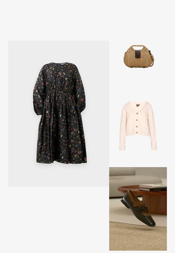 Cárdigan de punto trenzado en crema con escote en V, cuatro botones de madera en el frente y puños y dobladillo acanalados. Diseño corto.; Vestido negro con estampado floral, mangas largas, cintura fruncida y falda de volantes. Presenta un patrón floral colorido y una textura de tela suave.; Zapato Mary Jane de cuero negro y marrón con dos tiras con hebilla flotando sobre una alfombra beige en un salón moderno.; Bolso de paja trenzada con forma redondeada, asa integrada corta, cierre de cuero oscuro y correa de hombro trenzada desmontable.