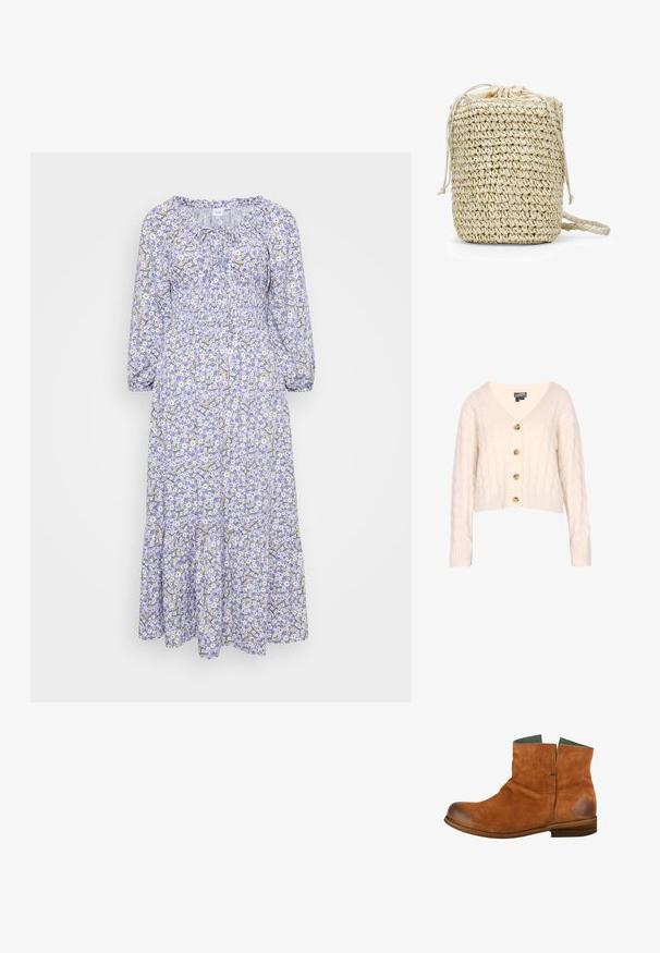 Cárdigan de punto trenzado en crema con escote en V, cuatro botones de madera en el frente y puños y dobladillo acanalados. Diseño corto.; Vestido floral con base lila, adornado con flores blancas y amarillas. Mangas largas, escote fruncido y dobladillo en capas. Tela ligera.; Botín de ante marrón con punta redondeada, caña corta y un acabado ligeramente desgastado. Presenta un interior verde y una suela de madera.; Bolso tejido de color beige con forma cilíndrica, cierre de cordón y un forro interior suave, presentando un exterior de fibra natural texturizada.