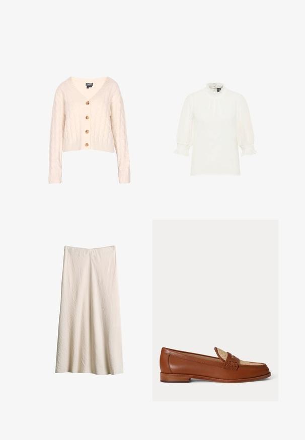 Crème kabelgebreide cardigan met een V-hals, vier houten knopen aan de voorkant en geribbelde manchetten en onderkant. Verkorte pasvorm.; Witte blouse met driekwart pofmouwen, geplooide manchetten en een hoge geplooide kraag, effen voorkant met subtiele stippenstructuur.; Crèmekleurige knielange rok gemaakt van gestructureerde stof. Heeft een brede tailleband en een A-lijn ontwerp met een vloeiende silhouet.; Bruine leren loafer met geweven beige paneel bovenop, lage houten hak en traditioneel pennyriemontwerp op witte achtergrond.