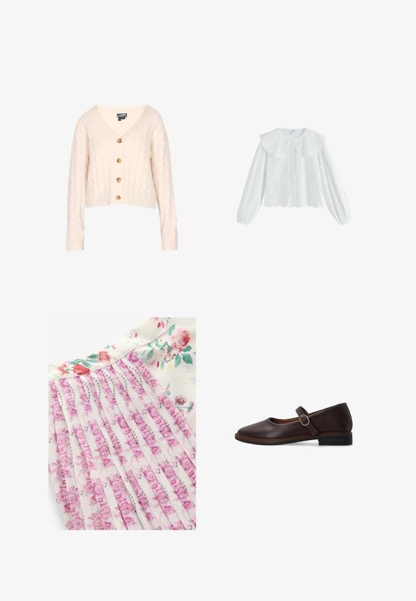 Creme farvet kabelstrikket cardigan med V-hals, fire træknapper foran og ribbede manchetter og kant. Forkortet design.; Hvid bluse med stor, flæset krave, knapper foran og lange ærmer. Har broderede blomsterdekorationer og bølget kant.; Blomsterkjole med hvid baggrund og pink og grønne blomstermønstre, plisseret design og en glat stoftekstur.; Mørkebrun flad Mary Jane-sko med rundet tå, justerbar rem, sølvspænde og lav stablet hæl på hvid baggrund.