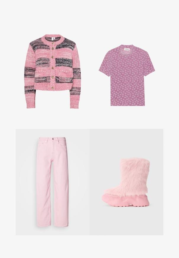 Cardigan en maille présentant un motif rayé rose et noir, boutons dorés, col rond et poignets et ourlet côtelés.; T-shirt rose en tissu doux avec un motif de papillons répété dans une teinte légèrement plus claire. Col rond et manches courtes.; Jean en denim rose clair avec une coupe droite, doté d'une fermeture éclair et d'un bouton à l'avant, ainsi que d'un style à cinq poches. Texture douce et coutures solides.; Botte rose épaisse avec une semelle texturée et une douce fausse fourrure moelleuse recouvrant toute la partie supérieure.